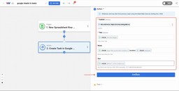 Mapping spreadsheet columns to Google Task fields like title, notes, location, and due date.