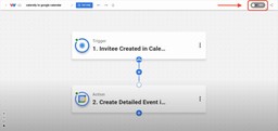 Editor view of Workload dashboard with a red arrow pointing to the On/Off toggle to activate the Create Google Events from Calendly Invitees workflow.