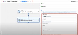Editor view of Workload platform with red box around the fields to be mapped for the Google Calendar step.