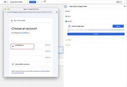 User selecting a Google account to connect with Workload for automation