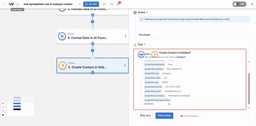Running a test action in HubSpot to create a contact with mapped spreadsheet data.