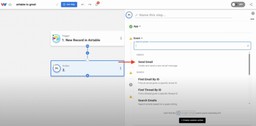 Choosing “Send Email” as the Gmail action to automate email delivery from Airtable