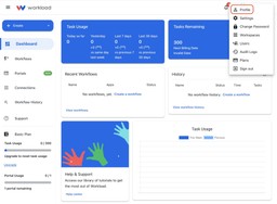 Profile menu open on the Workload dashboard, showing how to access settings to delete your Workload account.