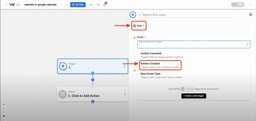 Editor view of Workload platform with red arrows pointing to trigger app selection and trigger event selection.