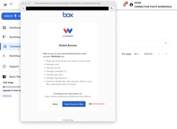Box authorization screen showing the Grant Access to Box button highlighted to connect the account with Workload.