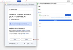 Confirming Google Sheets access and proceeding to map fields from the Zettle purchase trigger