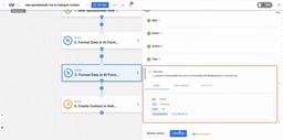 AI Formatter returns formatted address details as part of the new spreadsheet row to HubSpot contact automation.