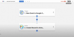Workflow editor with toggle switch ready to activate the Google Calendar to Airtable automation