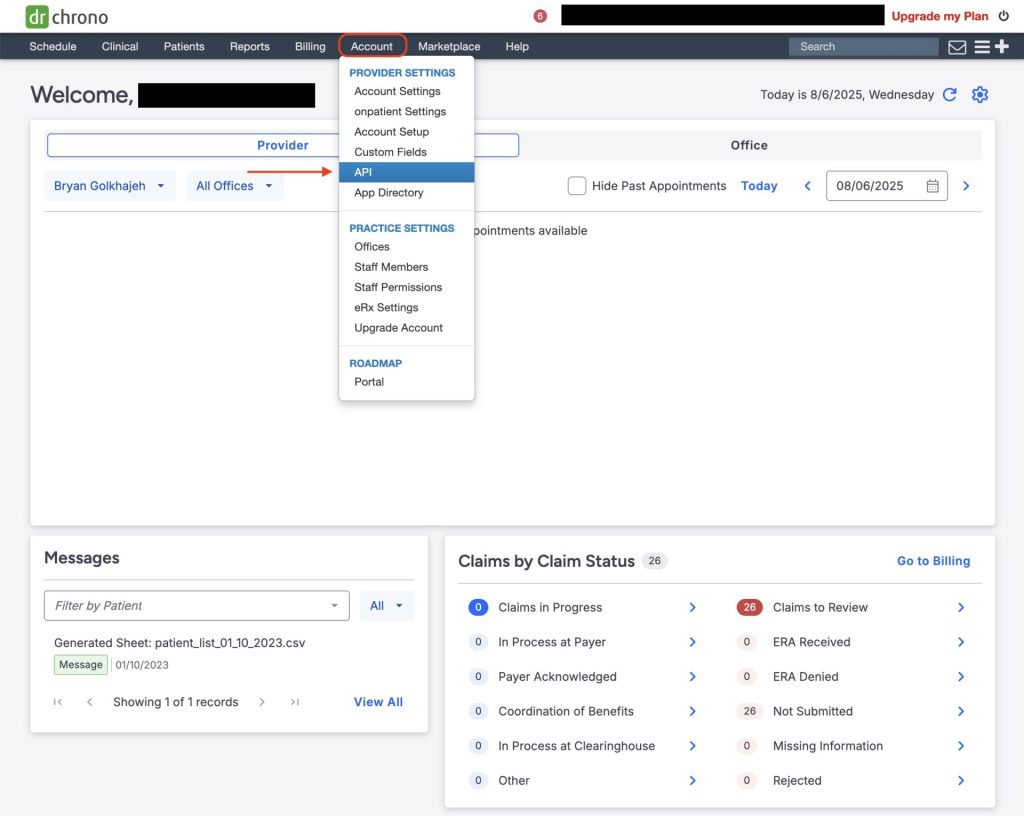 Go to Account tab and select API to begin the process to connect DrChrono to Workload
