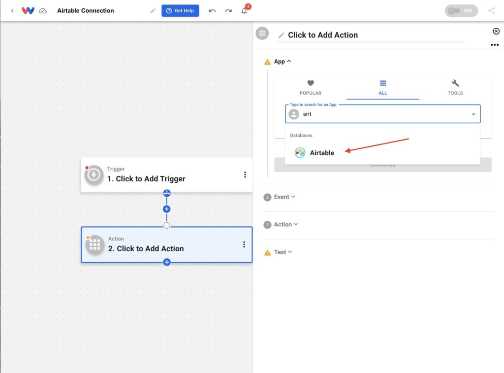 Add an Airtable step to your automation to begin the process to connect Airtable to Workload from within a workflow.