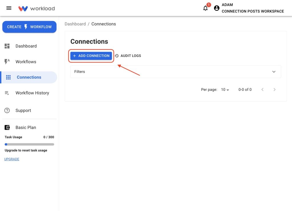 Click + Add Connection from the Workload dashboard to connect Mailchimp to Workload