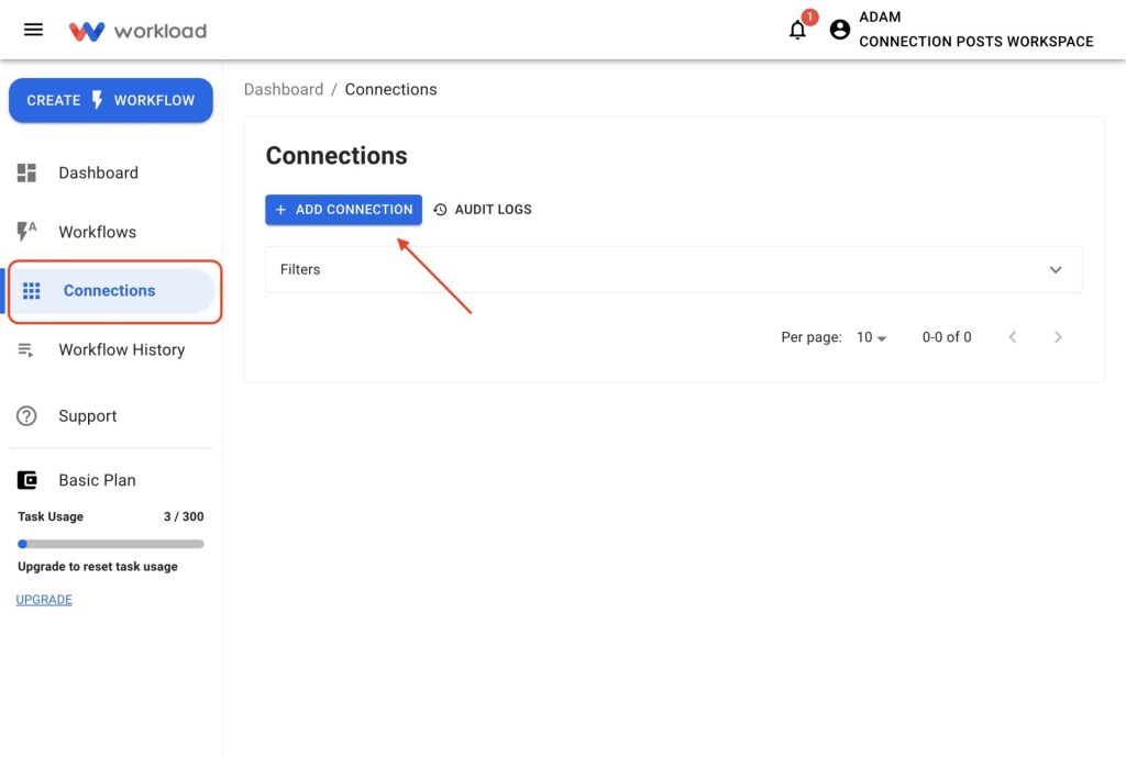 Click the Connections tab in Workload and select + Add Connection to connect Airtable to Workload from the dashboard.