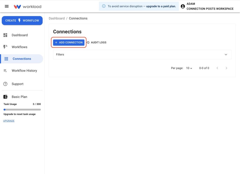 Click Add Connection in the Workload dashboard to connecti DrChrono to Workload