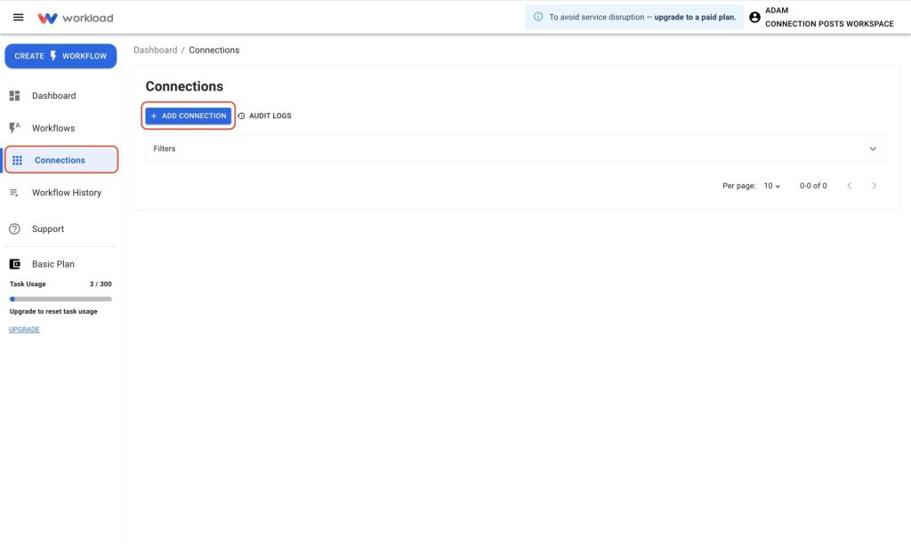 Click the Connections tab in the Workload dashboard to Connect Odoo ERP Self-Hosted.