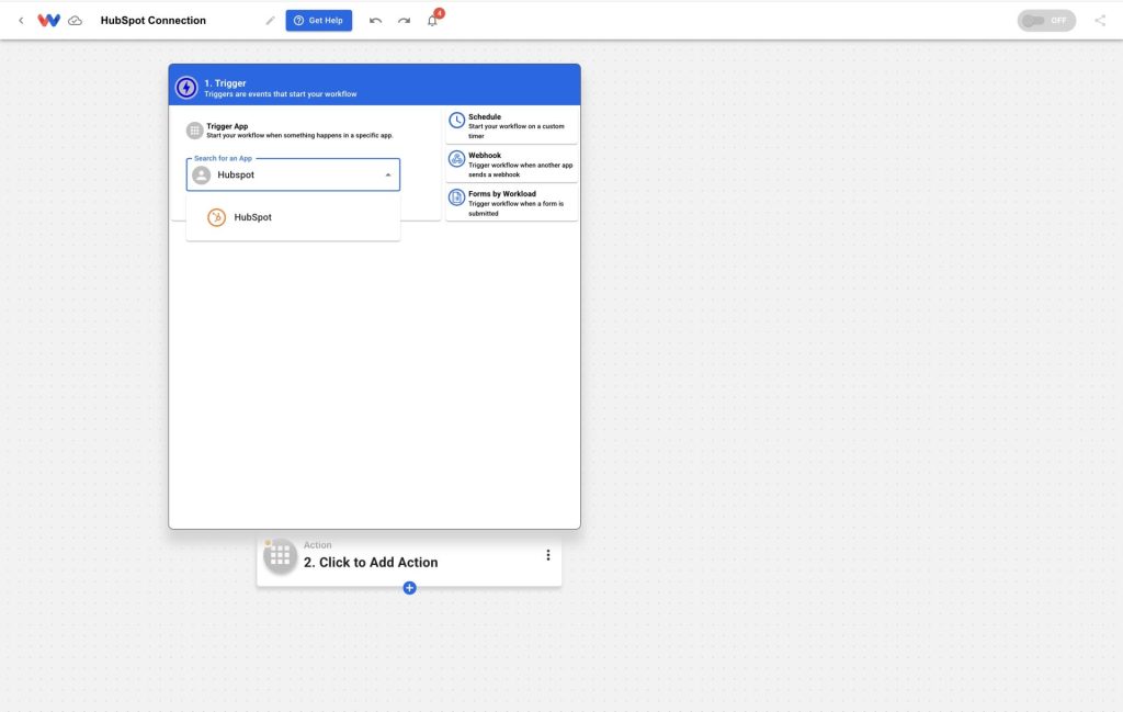 Add a HubSpot step to your automation to begin and Connect HubSpot to Workload.