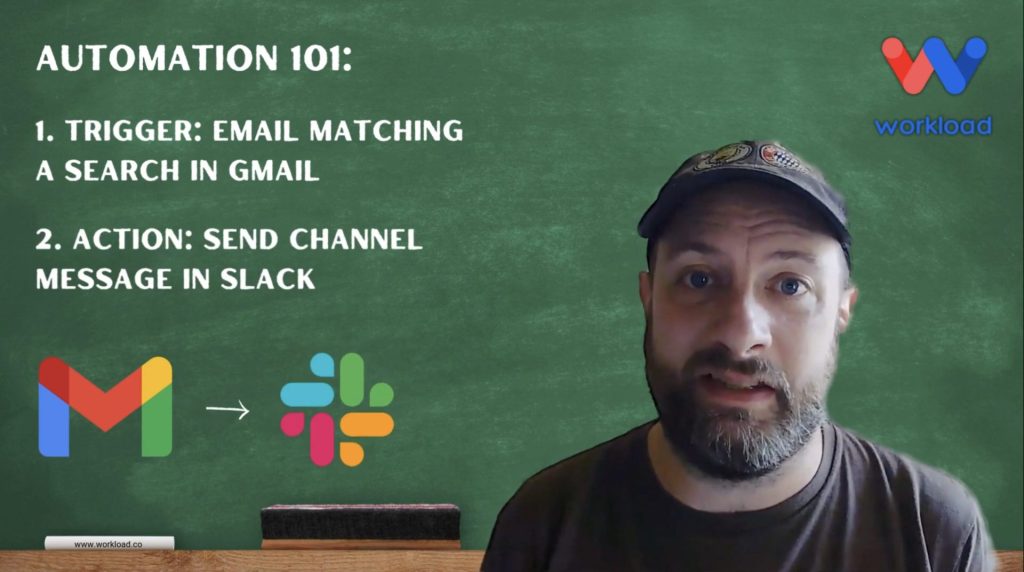 Introduction slide describing the trigger and action of a Gmail to Slack Channel Message workflow. The workflow triggers on an email matching a search in Gmail. The action is to send a channel message in Slack.
