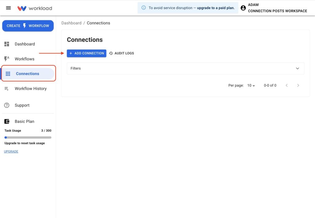Click the Connections tab in the Workload dashboard and select the Add Connection button to connect EZLynx to Workload.