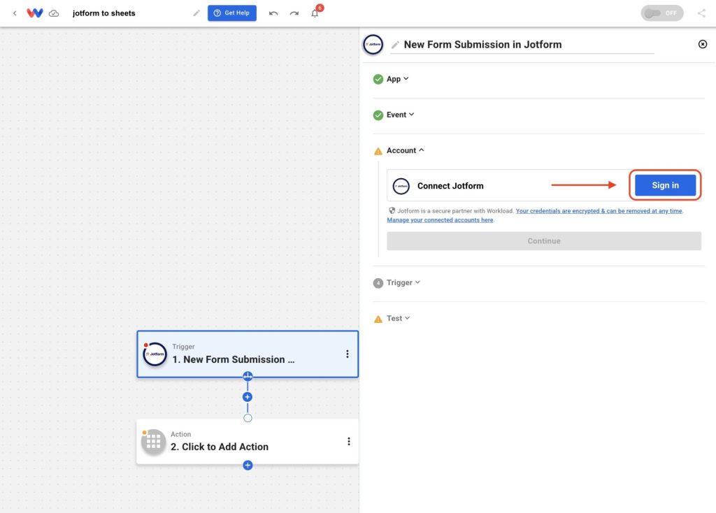 Click the Sign In button to begin the process to Link Your Jotform Account to Workload