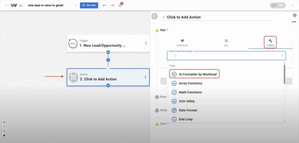 Selecting AI Formatter by Workload tool from the action step menu.