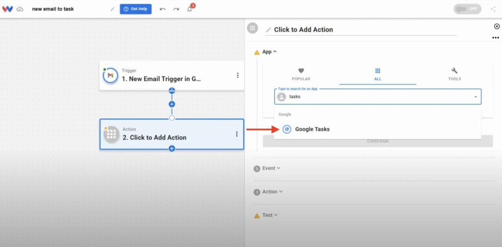 Choose Google Tasks as the action app to store the automated task generated from the Gmail trigger.