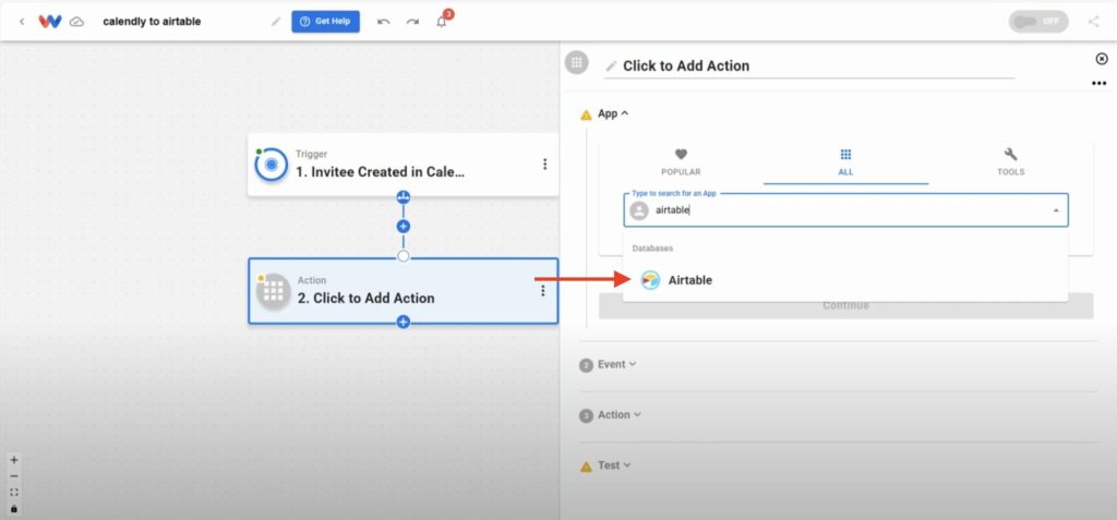 Selecting Airtable as the action app to store data from new Calendly invitees automatically.