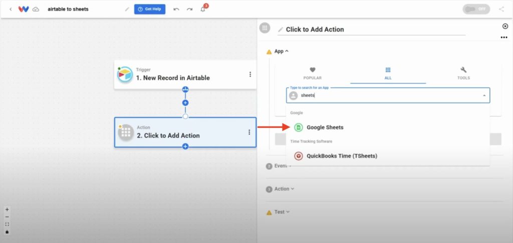 Selecting Google Sheets as the Step 2 action app.