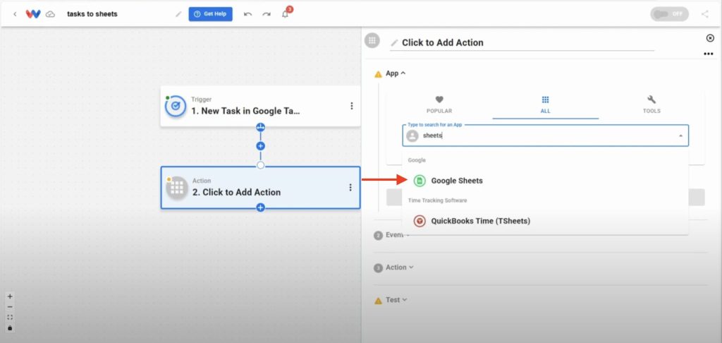 Selecting Google Sheets as the action app in the automation