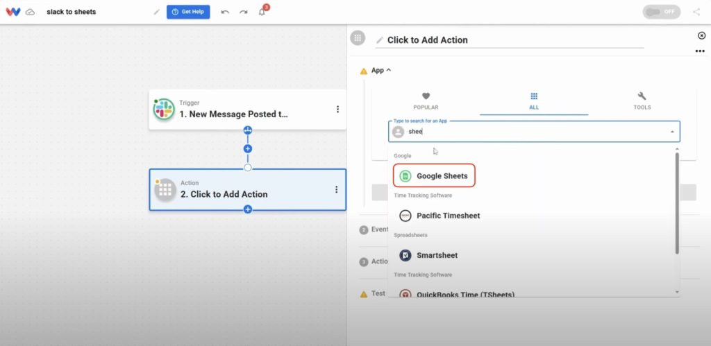 Select Google Sheets as the action app to continue setting up your Slack to Google Sheets automation.