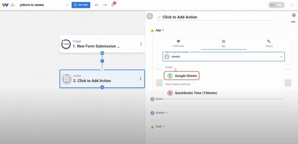 Select Google Sheets as the app that will receive the data from your Jotform submissions