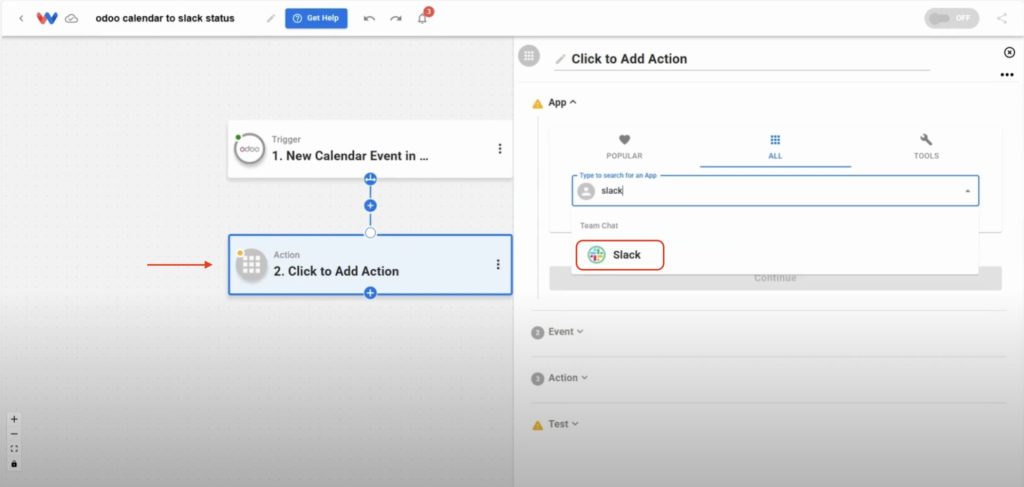 Adding Slack as the action app to complete the Slack Status from Odoo automation.