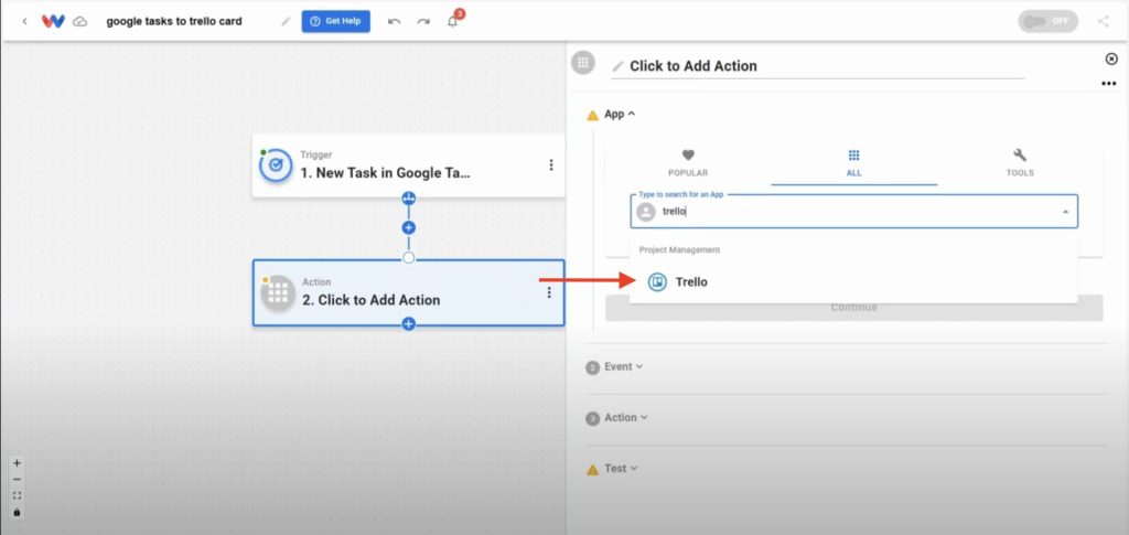 Choosing Trello as the action app to build a workflow that creates cards from Google Tasks.