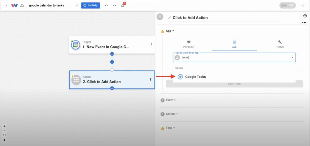Selecting Google Tasks as the action app to create a task from calendar events.