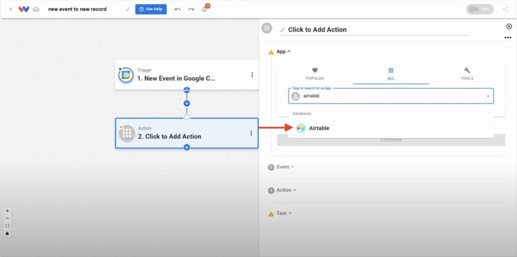 Typing 'Airtable' to select it as the action app in Workload