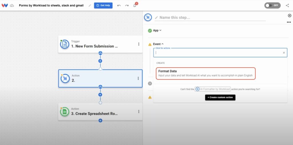 Select “Format Data” as the AI Formatter event to process and extract clean values from form responses.