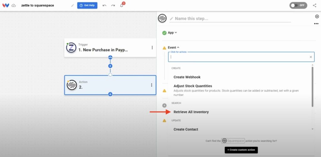 Setting 'Retrieve All Inventory' in Squarespace to enable product matching from Zettle sales data