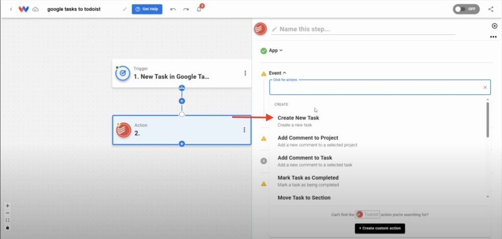 Choosing the “Create New Task” action event after selecting Todoist in the Workload automation builder.