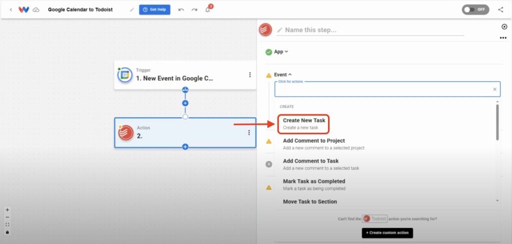 Editor view of Workload platform with red arrow pointing to the Create New Task option in the Event dropdown menu.