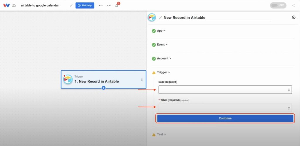 Choosing your Airtable base and table to trigger Airtable Records into Google Calendar Events