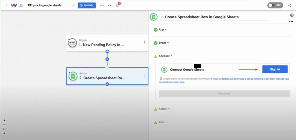 Click “Sign In” to connect your Google Sheets account securely to Workload.