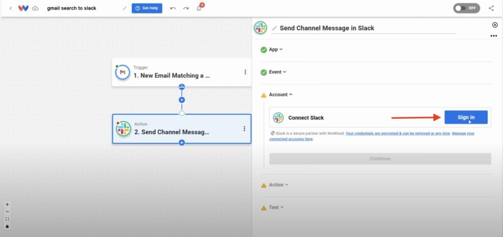 Editor view of Workload platform with a red arrow pointing to a "Sign in" button on right side. Click to securely connect your Slack account to Workload.