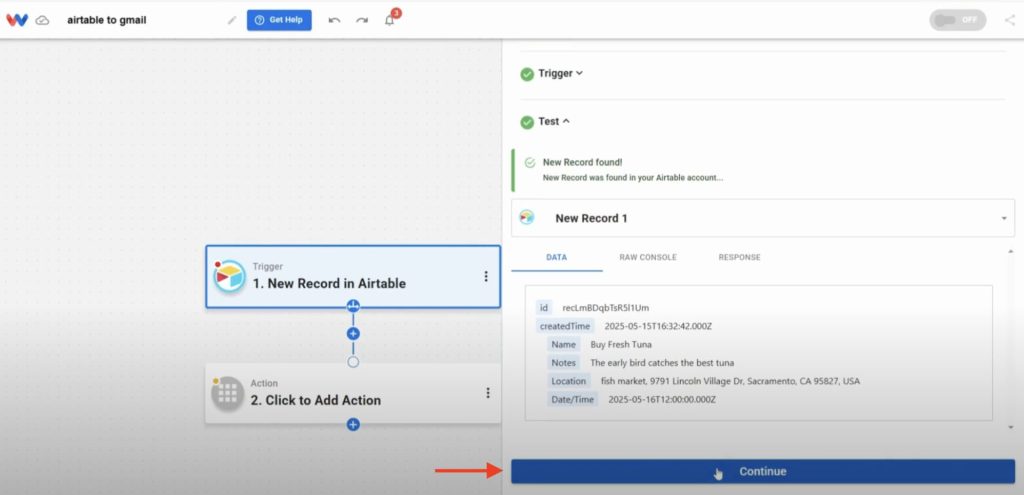 Clicking continue to finalize trigger settings and Send Gmails from Airtable automatically