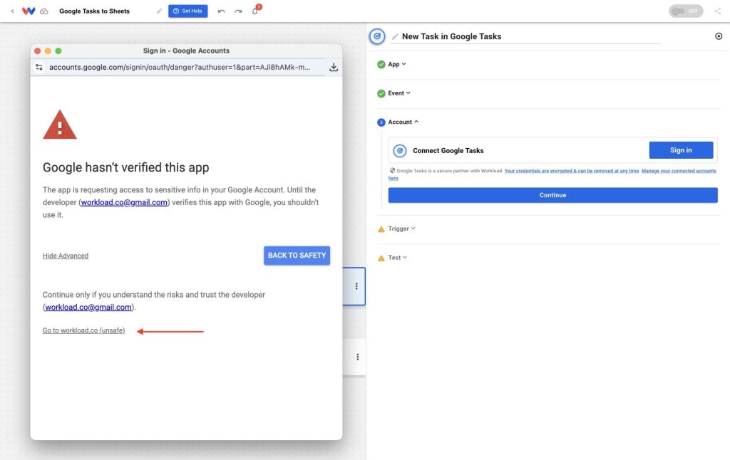 Approving Googleâs warning in order to Link a Google Sheets Account to Workload
