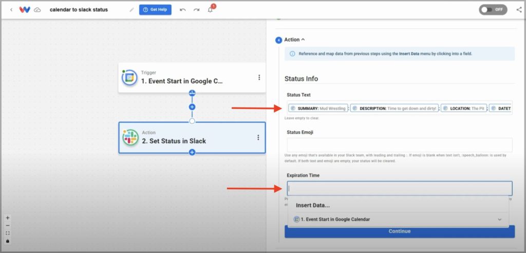 Map the fields of the Status Info to customize your Slack status.
