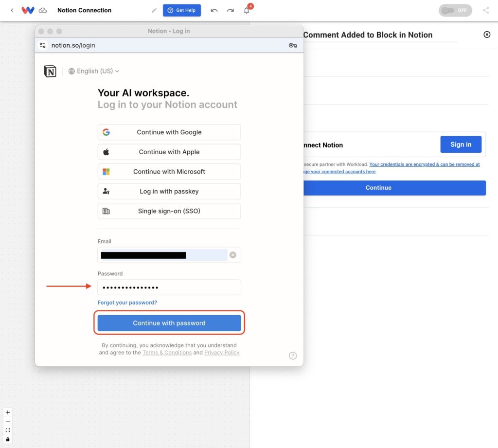 Notion login window with password filled and Continue with password.