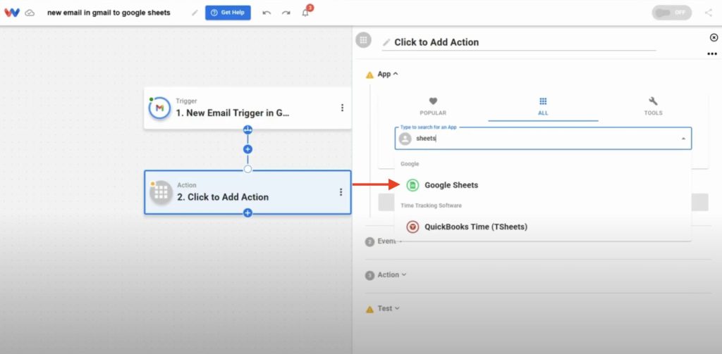 User searches for and selects Google Sheets as the action app to log Gmail content.