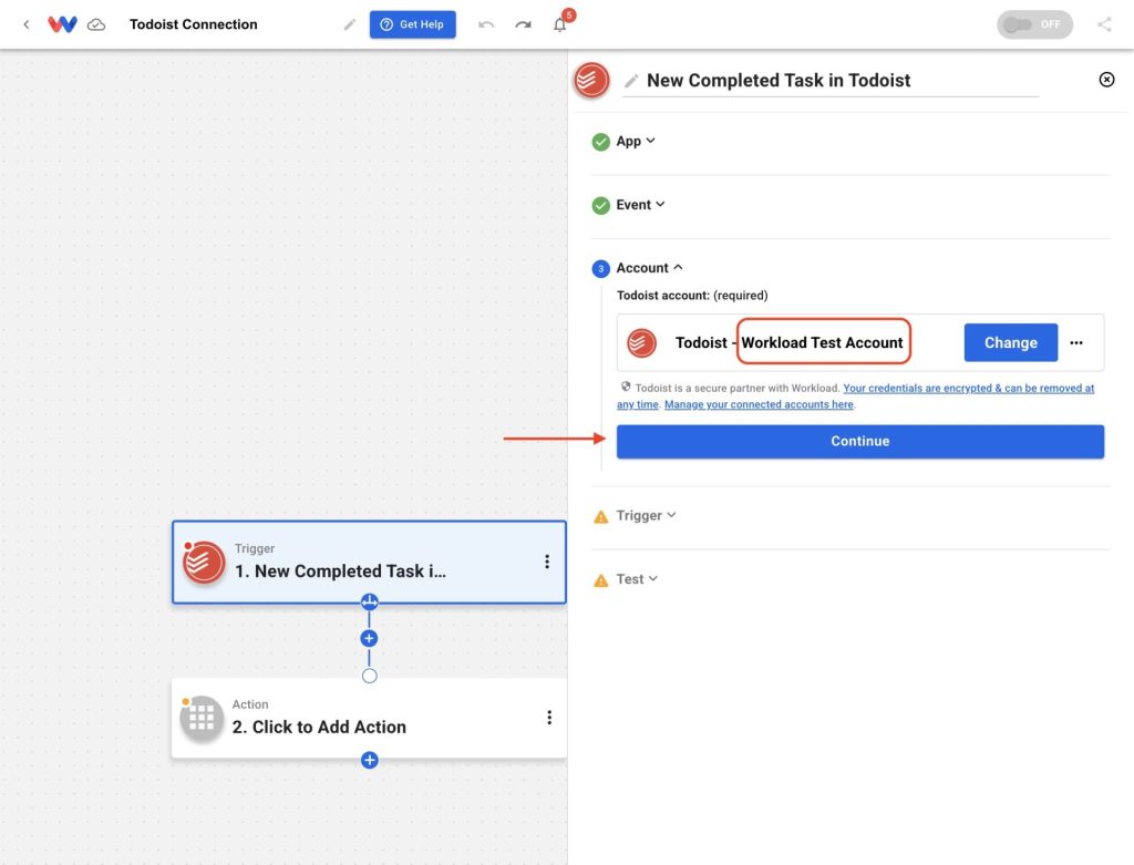 Todoist connection appears in the workflow step, showing Todoist successfully linked to Workload.
