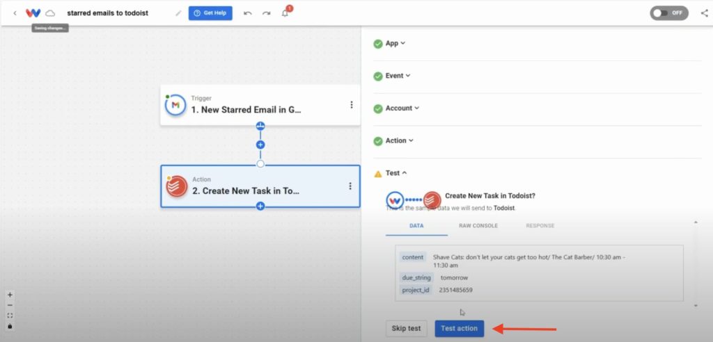 Running a test of the Create Task in Todoist action in Workload with mapped email content.