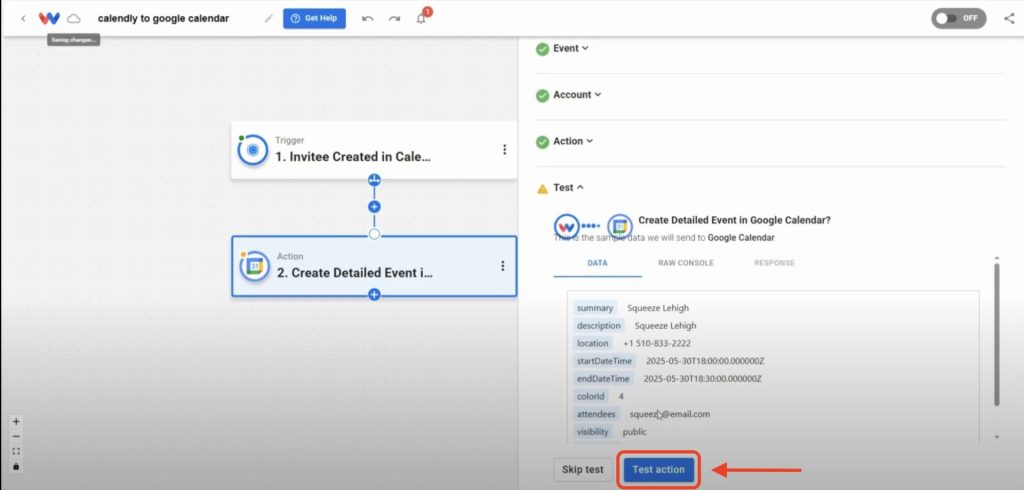 Editor view of Workload dashboard with red arrow pointing to Test Action button at the bottom of page.