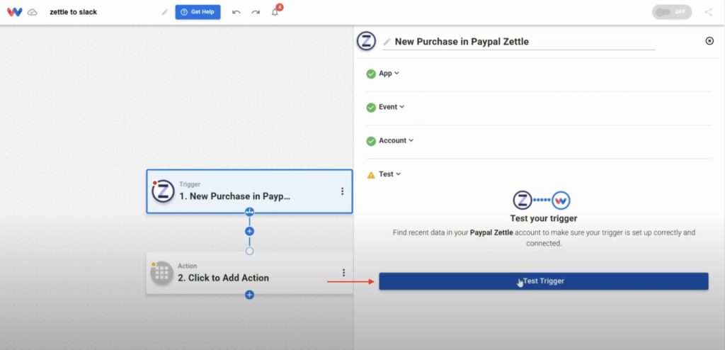 Test the Zettle trigger to pull in sample sales data for your Zettle Sales to Slack automation.