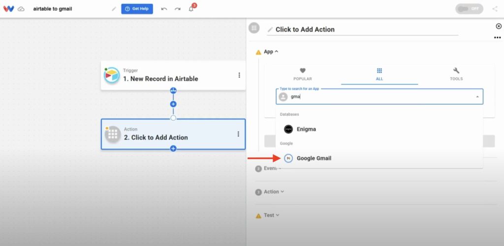 Selecting Gmail as the action app in Workload to Send Gmails from Airtable